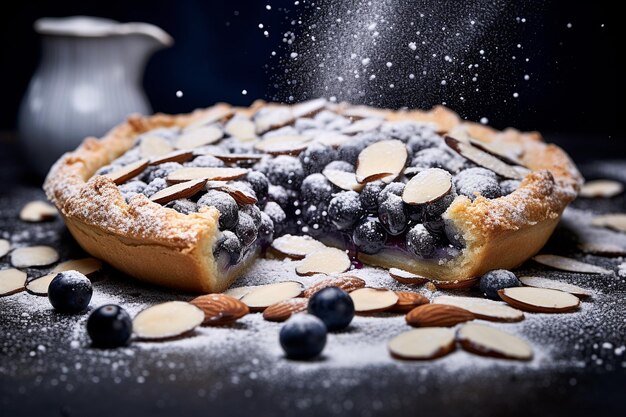 Photo blueberry and almond galette with powdered sugar