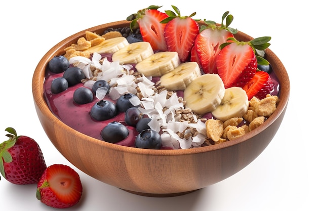 Blueberry and banana smoothie bowl isolated on white background Healthy breakfast Generative AI