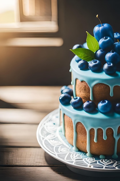 A blueberry cake with blue icing dripping down the sides