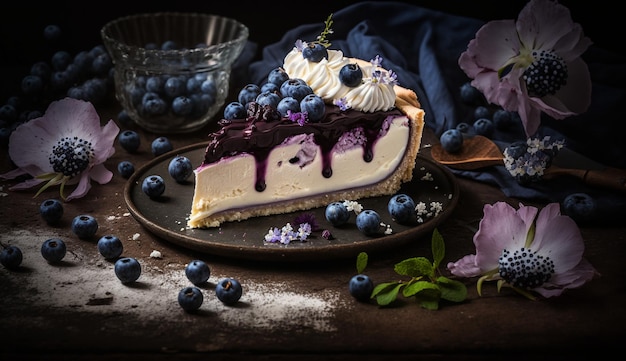 Blueberry cheesecake met bosbessensaus op een bord