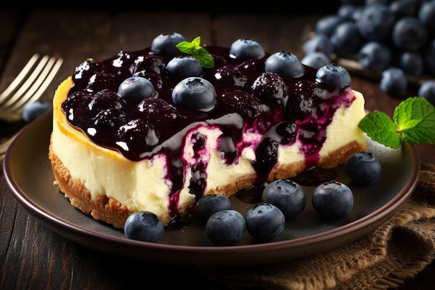 Blueberry cheesecake on a plate with blueberries