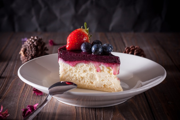 Blueberry cheesecake on a white plate