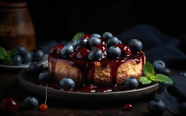 Foto una cheesecake ai mirtilli con sopra i mirtilli