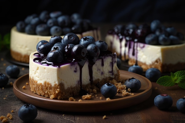 A blueberry cheesecake with blueberries on top