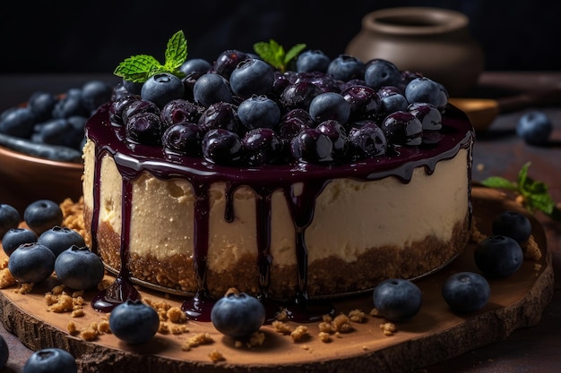 Blueberry cheesecake with blueberries on a wooden board