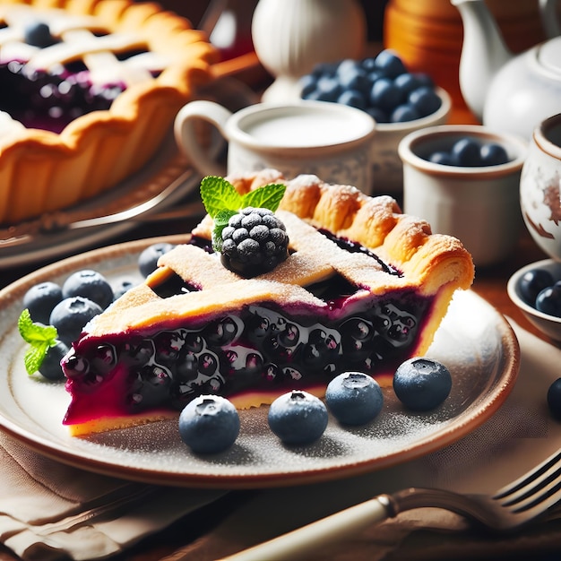 Blueberry cheesecake with fresh berries and coffee on a dark background