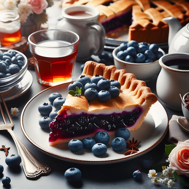 Blueberry cheesecake with fresh berries and coffee on a dark background