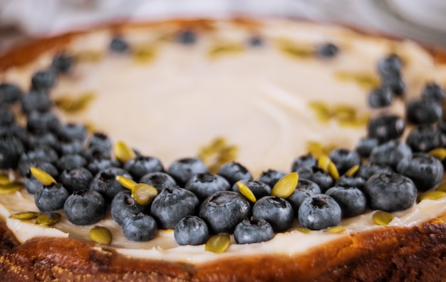 Blueberry cheesecake with pumpkin seeds. Closeup