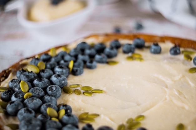 Blueberry cheesecake with pumpkin seeds. closeup