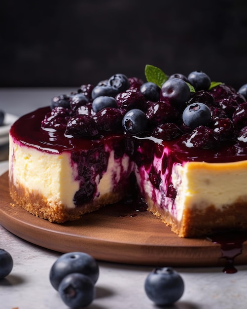 Blueberry cheesecake with a slice cut out