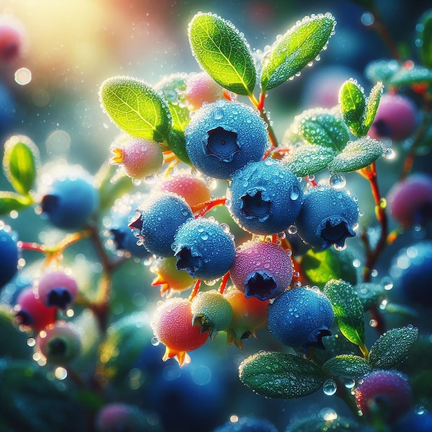 Blueberry closeup berries covered in ice Late harvest threat of bad harvest