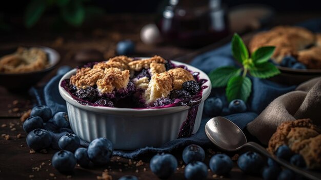 Blueberry cobbler with blueberries fruit on a wooden table with a blurred background