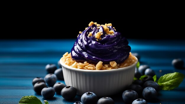 Blueberry cream cheese cups are on a blue table with blueberries