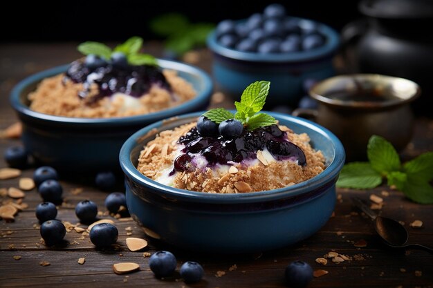 Photo blueberry crumble in individual ramekins