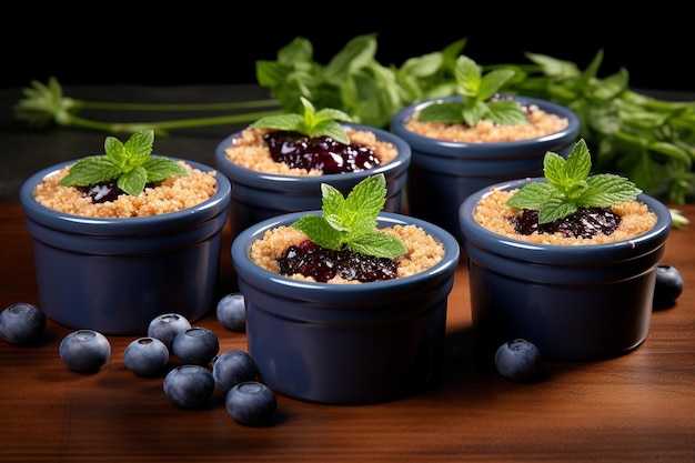 Photo blueberry crumble in individual ramekins