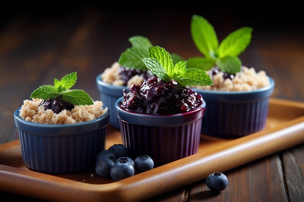 Blueberry crumble in individual ramekins