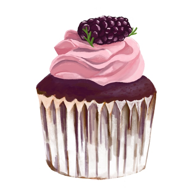 Cupcake al mirtillo illustrazione del disegno a mano del colore dell'acqua isolare su sfondo bianco