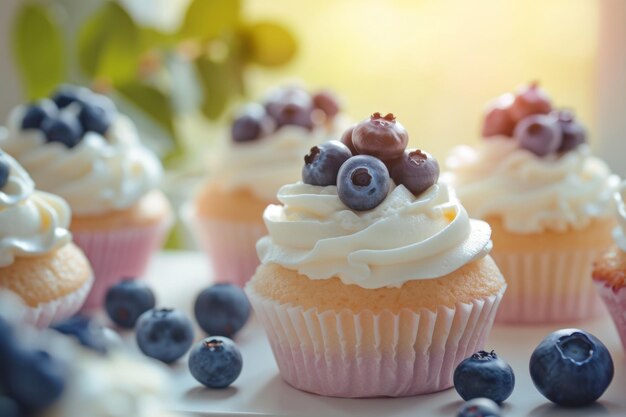 Blueberry cupcakes topped with fresh blueberries on sunny spring background Generative AI