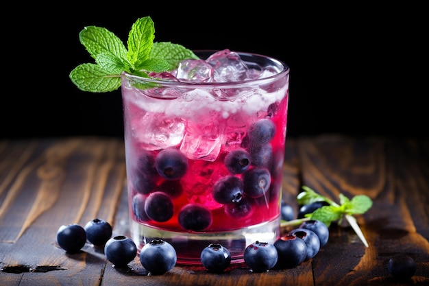 Blueberry drink iced cocktail with blueberries and mint leaves