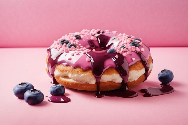 Blueberry filled doughnut on pink background