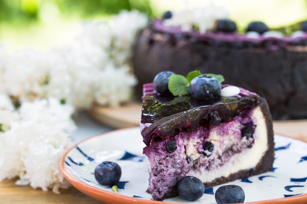 Blueberry flavour cheesecake swirled with blueberry sauce on a biscuit crumb