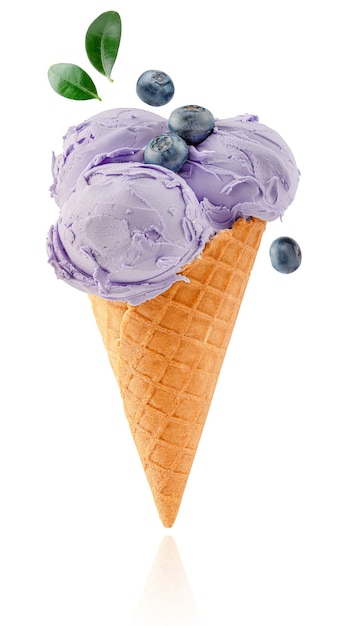 Blueberry ice cream cone isolated with clipping path on white background.