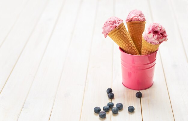 Blueberry ice cream cones in mini bucket