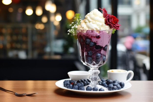 Blueberry ice cream in a glass in a beautiful cafe