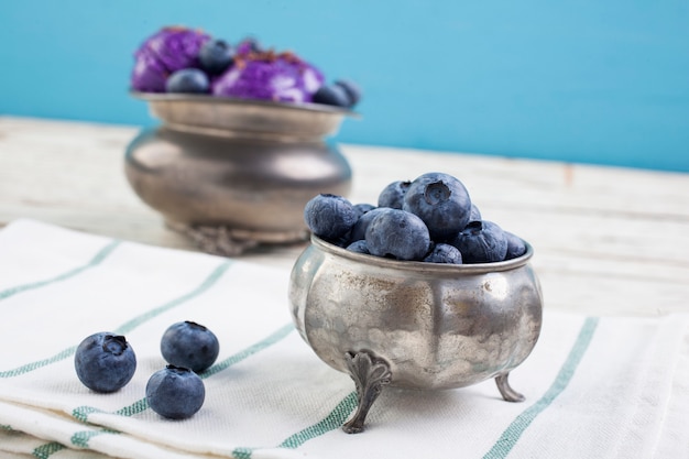 Blueberry ice cream on pewter cup