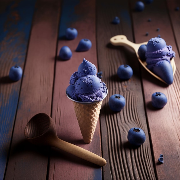 Blueberry ice cream in a waffle cone with a wooden spoon on a wooden table.