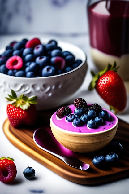 Blueberry ice cream with fresh berries on table