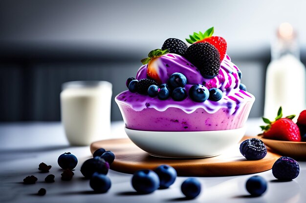 Blueberry ice cream with fresh berries on table