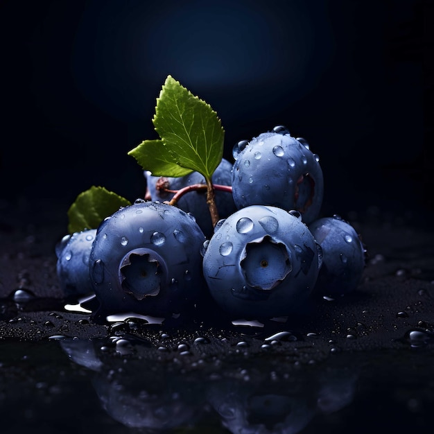 a blueberry is sitting on the black background