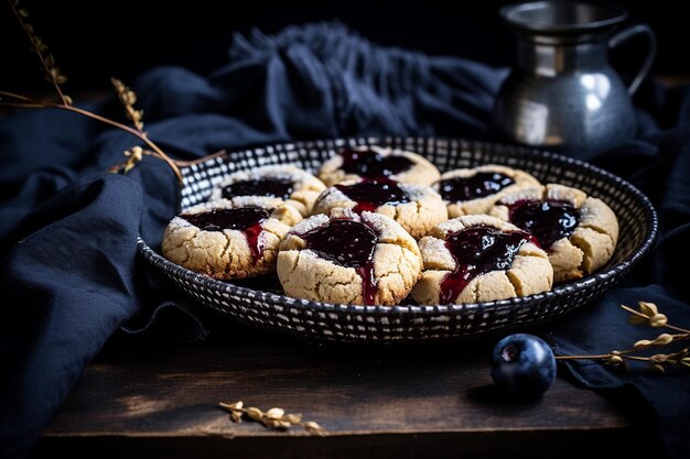 Photo blueberry jam thumbprint cookies on a baking tray