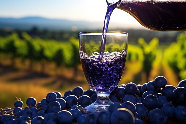 Blueberry juice being poured into a glass with a slice of blueberry pie nearby