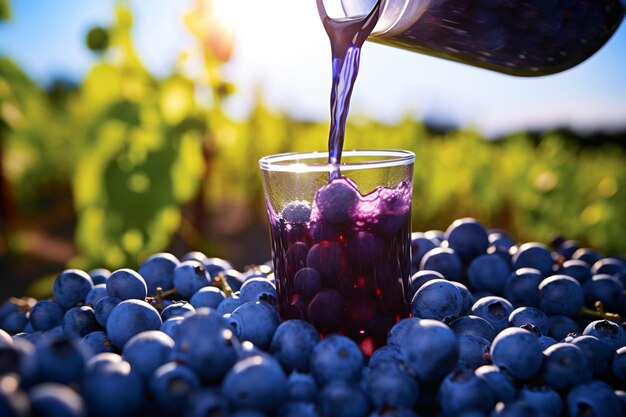 Blueberry juice being poured into a glass with a slice of blueberry pie nearby