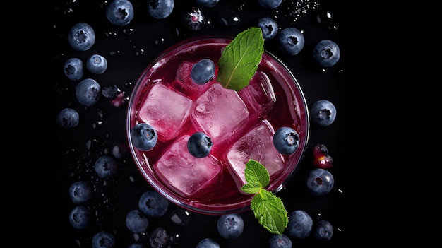 Blueberry juice ice cubes with half berries