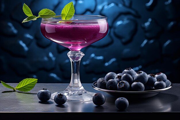 Photo blueberry juice served in a glass with a slice of pie on the side