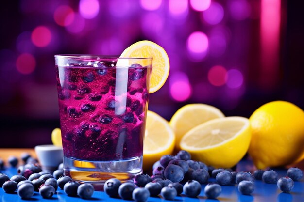 Photo blueberry juice served in a glass with a slice of pie on the side