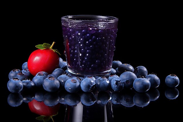 Photo blueberry juice in a shot glass with a blueberry on the rim