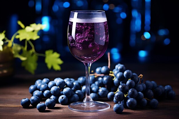 ワイングラスにブルーベリージュースを入れその精巧さを強調する