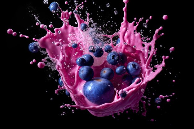 Photo blueberry milks splash on black background