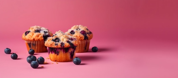 Blueberry muffin on a bright background Horizontal Generative AI illustration with space for your text