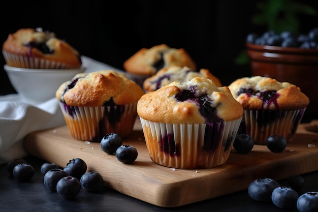 Blueberry muffin on a plate with blueberries on the table in a dark background