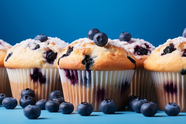 Blueberry muffins on blue background berry bliss generative ai