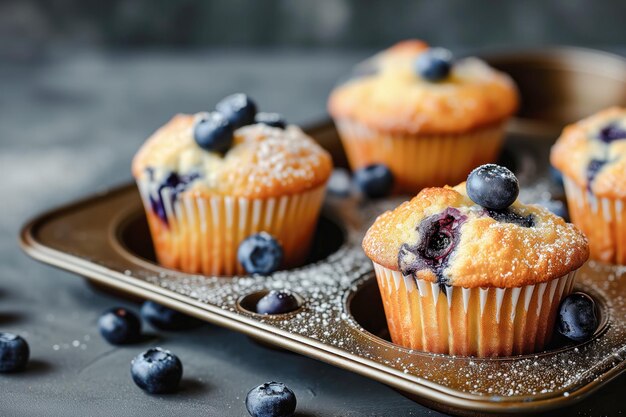 Blueberry muffins on gold tray