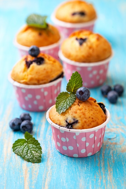 Blueberry muffins in pink cases