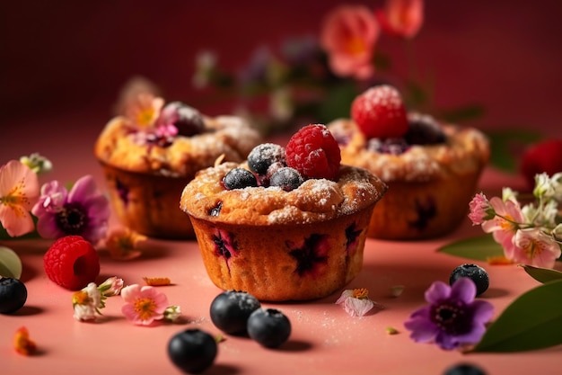 Blueberry muffins with cream decorated with spring flowers on a bright background Horizontal Generative AI illustration with space for your text