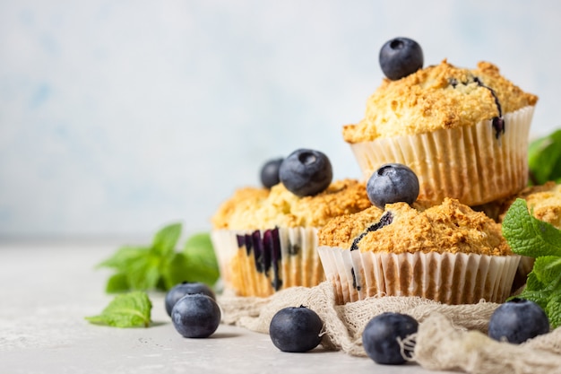 Blueberry muffins with fresh berries and mint