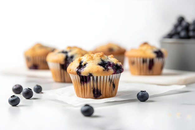 Blueberry muffins with fresh blueberries on a white table close up light background A delicious dessert or breakfast AI generated